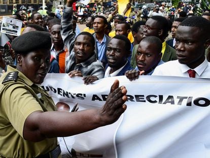 Demonstrators march to support Uganda’s anti-LGBTQ+ law.