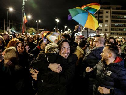 Members of the LGBTQ+ community and supporters celebrate in front of the Greek parliament, after approving same-sex civil marriages, in Athens, Greece, February 15, 2024.