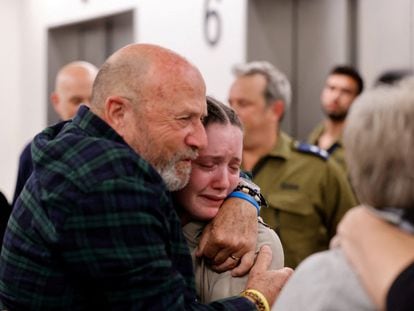Agam Goldstein-Almog, 17, released on Sunday, is reunited with her family at the Schneider Children's Medical Center in Petah Tikva, Israel.