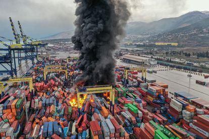  An aerial view of the fire in overturned containers during the earthquakes in Hatay, Turkey.