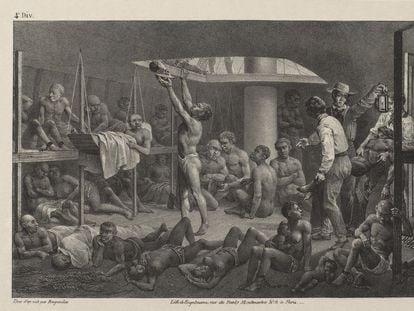 An 1835 engraving shows slaves aboard a ship, titled 'Negroes in the Hold'