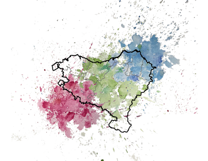 Representation of the genetic structure in the historic Basque territory, where green represents Basque ancestry, and blue and red, the mix with neighboring communities.
