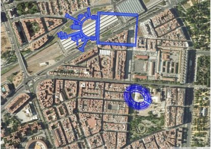 A Google image of the Córdoba station overlaid with the location of the imperial palace and a nearby amphitheater.