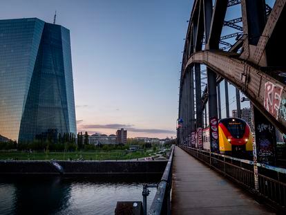 A tram drives past the European Central Bank building in Frankfurt, Germany, on May 2, 2023.