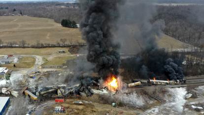 This photo taken with a drone shows portions of a Norfolk and Southern freight train that derailed Friday night in East Palestine, Ohio are still on fire at mid-day Saturday, Feb. 4, 2023.