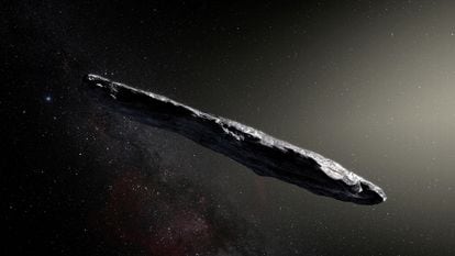 This artist's impression shows the first-known interstellar object to visit the solar system, 'Oumuamua, which was discovered in 2017.