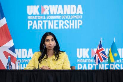 Britain's Home Secretary Suella Braverman pauses, during a press conference in the capital Kigali, Rwanda Saturday, March 18, 2023.