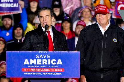 The Republican candidate for the Senate from Pennsylvania, Mehmet Oz, at a rally with Donald Trump, last May.
