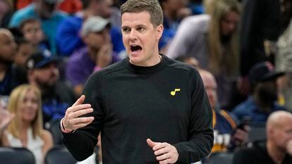 Utah Jazz head coach Will Hardy directs his team during the first half of an NBA basketball game against the Orlando Magic, Thursday, March 9, 2023, in Orlando, Fla.