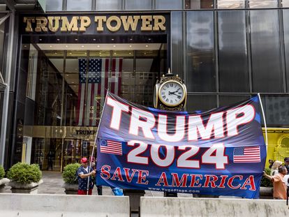 Supporters of former president Donald Trump demonstrate outside Trump Tower in New York.