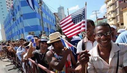 Cubans gather outside the US Embassy in Havana on Friday.