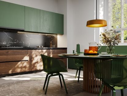 Modern kitchen furniture in green tones.