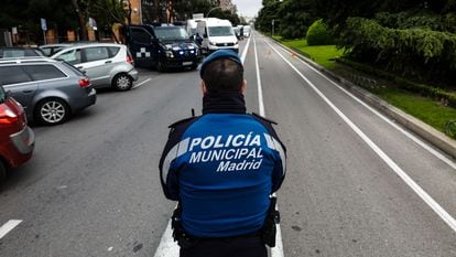 Municipal police in Madrid carry out traffic stops in April.