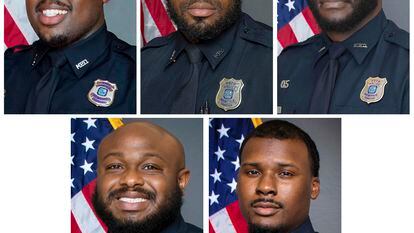 Officers Tadarrius Bean, Demetrius Haley, Emmitt Martin III, and bottom row from left, Desmond Mills Jr. and Justin Smith