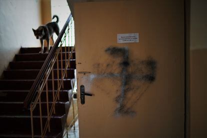 A swastika that Russians graffitied on one of the buildings they occupied in Chernobyl in the winter of 2022. 