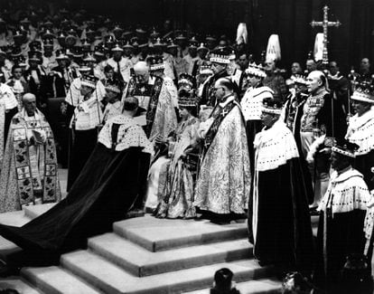 Prince Philip, Duke of Edinburgh, pays tribute to his wife, Queen Elizabeth II, after her coronation. At every step of the ceremony, the same words echoed through the cathedral: "God save Queen Elizabeth!" and "Long live Queen Elizabeth!"