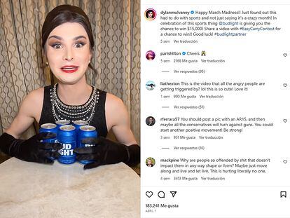 Trans influencer Dylan Mulvaney's post on her Instagram account showing cans of BudLight.