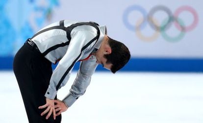 Javier Fernández of Spain reacts after he competes during the Figure Skating Men' s Free Skating on day seven of the Sochi 2014 Winter Olympics.