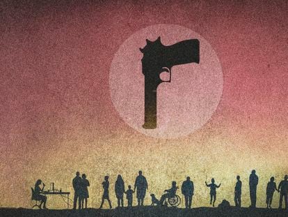 Illustration of people living under handgun symbolizing lack of gun control