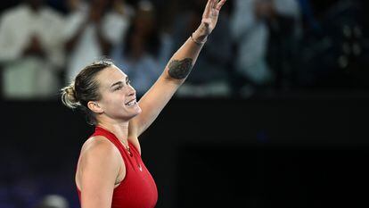 Aryna Sabalenka of Belarus celebrates her semifinal win over Coco Gauff of the USA on Day 12 of the Australian Open tennis tournament in Melbourne, Australia, 25 January 2024.