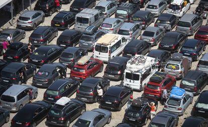 Vehicles waiting in the port of Algeciras to embark for Morocco.