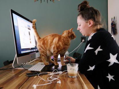 A woman works from home in the presence of her cat.