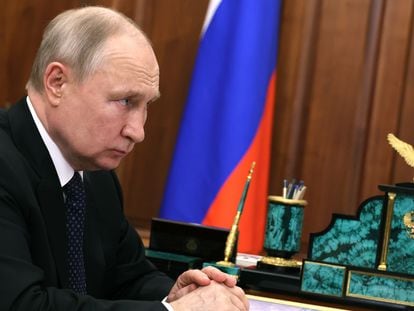 Russian President Vladimir Putin meets with Governor of the Irkutsk Region Igor Kobzev in Moscow, Russia, on 17 July 2023.