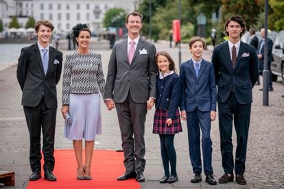 From left to right, Princes Felix, Marie, Joachim, Athena, Henrik and Nikolai at a lunch to celebrate 50 years on the throne of Queen Margrethe, in Copenhagen, in September 2022.