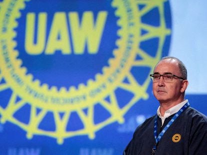 UAW President Shawn Fain chairs the 2023 Special Elections Collective Bargaining Convention in Detroit, Michigan, U.S., March 27, 2023.