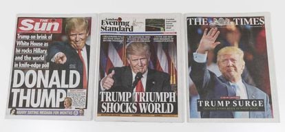 Front pages of three UK dailies after Trump’s win.