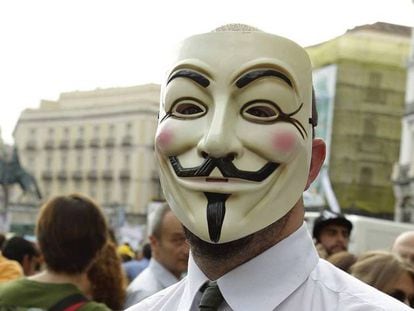 An Anonymous protester in Madrid.