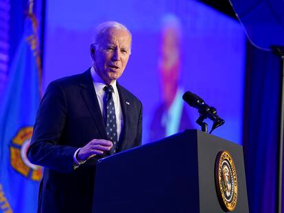 President Joe Biden speaks at the 2023 International Association of Fire Fighters Legislative Conference, Monday, March 6, 2023, in Washington.