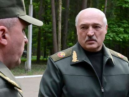 Belarusian President Alexander Lukashenko speaks to officers as he visits the Central Command Post of the Air Force and Air Defense Forces in Belarus, on May 15, 2023.