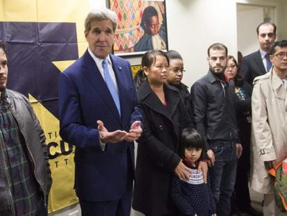 US Secretary of State John Kerry visits a refugee center in Silver Spring, Maryland on Wednesday.