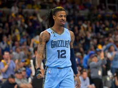 Memphis Grizzlies guard Ja Morant plays during Game 5 in a first-round NBA basketball playoff series against the Los Angeles Lakers, on April 26, 2023.
