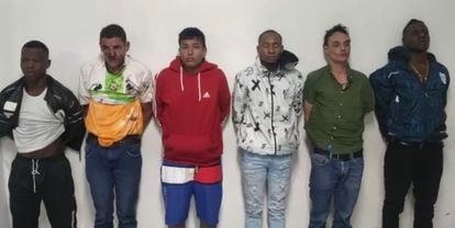The six suspects arrested in relation to the murder of presidential candidate Fernando Villavicencio.
