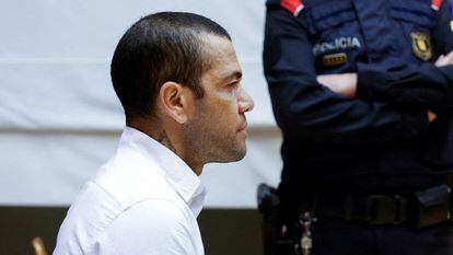 Brazil soccer player Dani Alves sits in court during the first day of his trial in Barcelona, Spain, February 5, 2024.