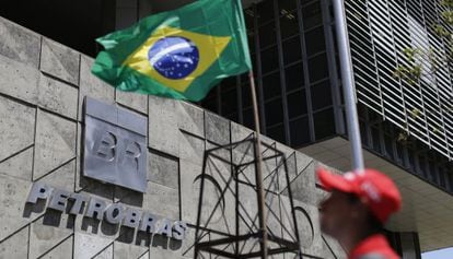 A protest is held in front of Petrobras headquarters in Rio de Janeiro.