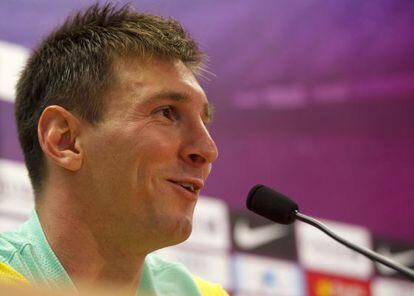 Bar&ccedil;a player Leo Messi during Wednesday&#039;s press conference.