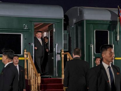 North Korea's leader Kim Jong Un (C) walking out of his train after arriving at the North Korea-Russia border in Khasan, some 125 km south of Vladivostok, Russia, 12 September 2023.