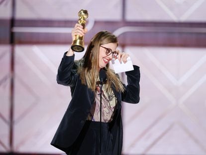 Director Justine Triet collects the Golden Globe for best screenplay for 'Anatomy of a Fall' at the awards ceremony in Los Angeles in early January.