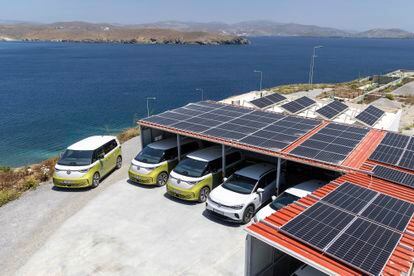 Volkswagen electric vans at a charging point in Astypalea.