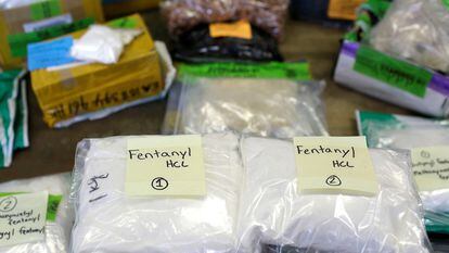Plastic bags of Fentanyl are displayed on a table at the U.S. Customs and Border Protection area at O'Hare International Airport in Chicago, Illinois, in November 2017.