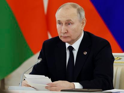 Russian President Vladimir Putin speaks during the Supreme State Council of the Union State Russia-Belarus meeting with Belarusian President Alexander Lukashenko in Moscow, Russia, Thursday, April 6, 2023.