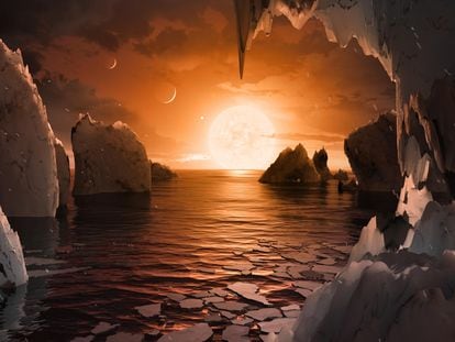 Recreation of the surface of the exoplanet Trappist-1f, located in the Aquarius constellation.