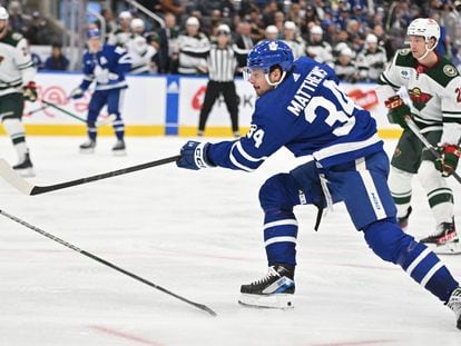 Toronto Maple Leafs forward Auston Matthews (34) shoots the puck against the Minnesota Wild in the third period at Scotiabank Arena.
