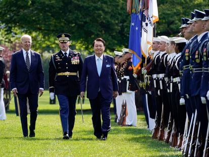 President Joe Biden and South Korea's President Yoon Suk Yeol, during a State Arrival Ceremony on the South Lawn of the White House in Washington, on April 26. 2023.