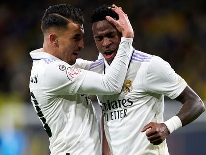 Vinicius Junior of Real Madrid and Daniel Ceballos of Real Madrid celebrate after the second goal of his team scored by Eder Militao.