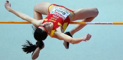 Ruth Beitia of Spain on her way to gold in the women's high jump in Gothenburg.