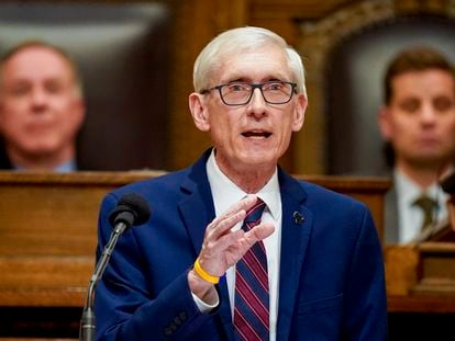 Wisconsin Gov. Tony Evers addresses a joint session of the Legislature in the Assembly chambers during the governor's State of the State speech at the state Capitol Tuesday, Feb. 15, 2022, in Madison, Wis.